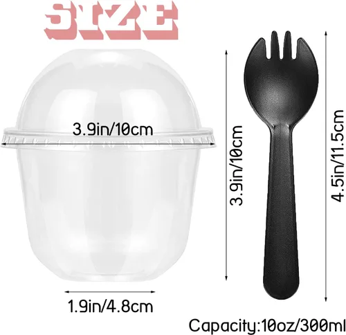 Vista 2 de Alaeseje Paquete de 50 vasos de plástico de 10 onzas con tapas de cúpula (sin agujero) y cucharas-tenedor, tazas desechables de parfait de PET