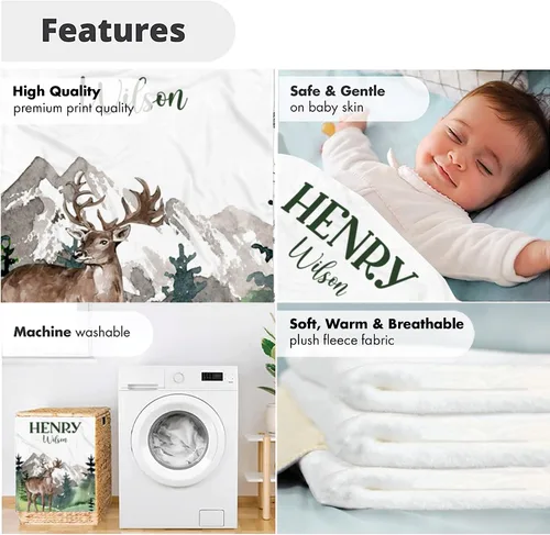 Vista 5 de Manta personalizada de ciervo alpino para bebé, manta personalizada para el cuarto de bebé, manta de vellón suave para la vida silvestre, ropa