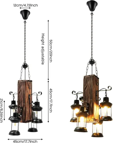 Vista 4 de DouSeiAi Lámpara colgante de madera industrial vintage de 4 luces, lámpara de araña retro con base E26, accesorio de techo colgante para cafetería