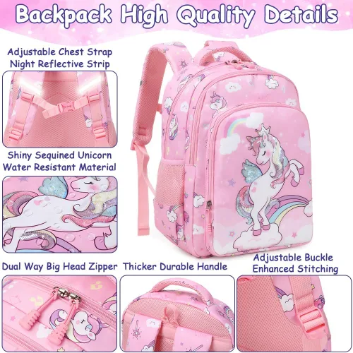 Vista 95 de Juego de mochila para niñas y adolescentes, mochila escolar para niños con bolsa para el almuerzo, estuche para lápices, mochilas escolares