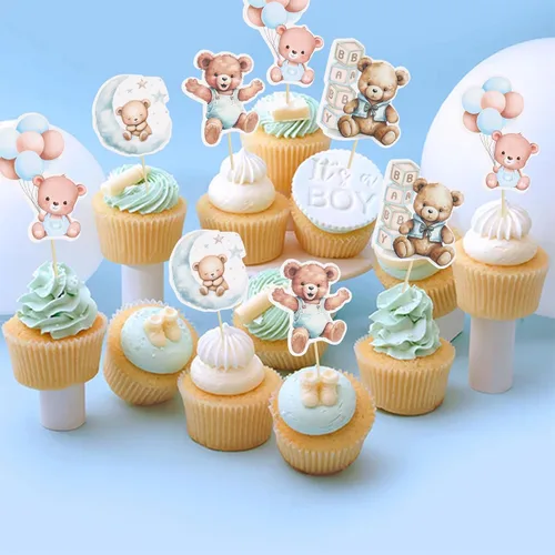 Vista 6 de Gyufise 32 Piezas Decoraciones para Cupcakes de Oso de Baby Shower Luna Oso Bebé Decoraciones de Pastel de Baby Shower Tema de Animales de la Selva
