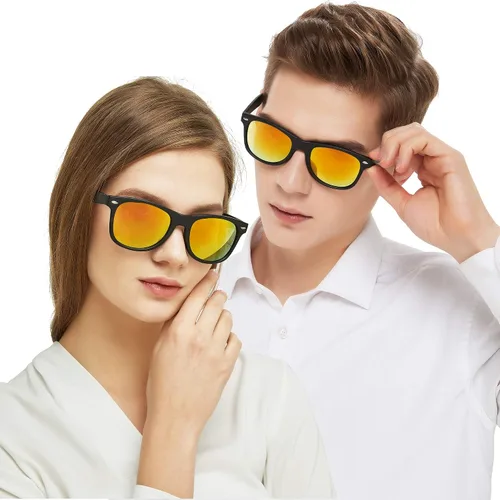 Vista 2 de Gafas de sol vintage con montura de cuerno para hombres y mujeres lente cuadrada con espejo estilo clásico de los años 80 protección UV ligera