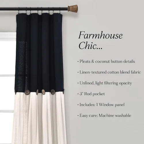 Vista 6 de Lush Decor - Cortinas de lino con botones de estilo granja, panel individual, diseño plisado de dos tonos de 40 pulgadas de ancho x 108 pulgadas