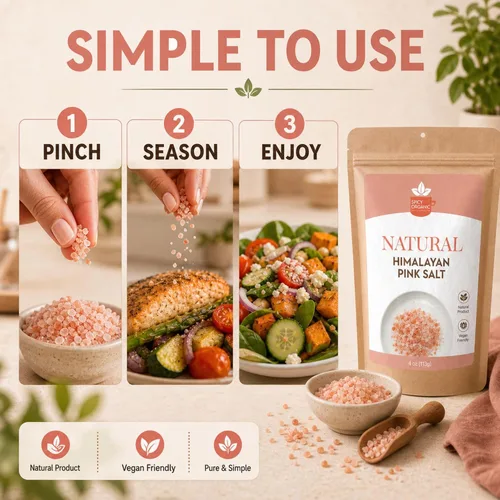 Vista 6 de SPICY ORGANIC Sal natural del Himalaya sin OMG, sal rosa del Himalaya sin gluten, rica en 80 minerales y elementos, 4 onzas.