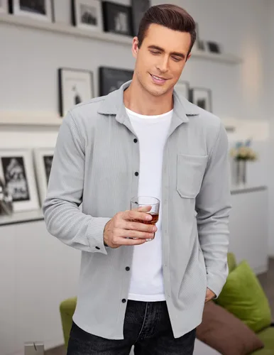 Vista 4 de COOFANDY Camisa de pana para hombre, estilo chaqueta ligera, de manga larga, con botones