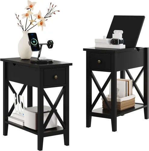 Vista 8 de ChooChoo Mesa auxiliar, mesa auxiliar estrecha abatible con estación de carga Narrow Side Table with USB Ports and Outlets, Nightstand with