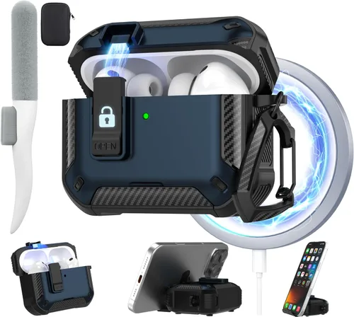 Vista 13 de Maxjoy Funda para AirPods Pro 3 2025, MagSafe compatible con bloqueo automático, funda protectora a prueba de golpes con soporte para teléfono Verde