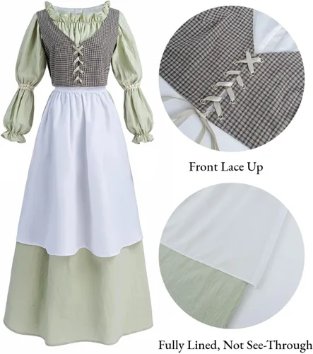 Vista 5 de Nuoqi Colonial Dress Women Green Pioneer Dress Adult Prairie Dress Costume with Apron 4 Pcs Set