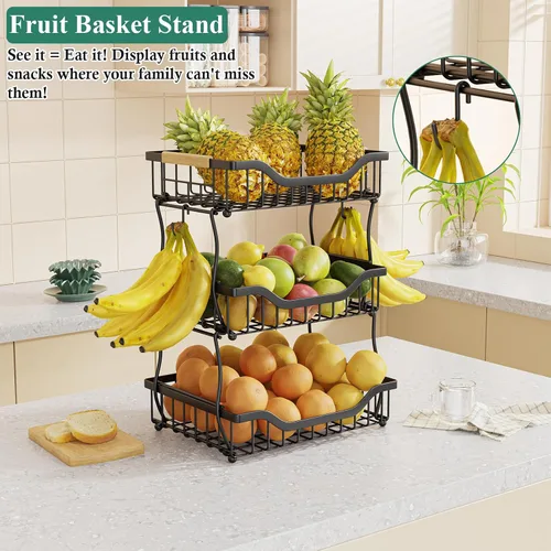 Vista 6 de OKZEST Cesta de frutas de 3 niveles para encimera de cocina, frutero colgante de pared y organizador de encimera de cocina con 2 ganchos de plátano