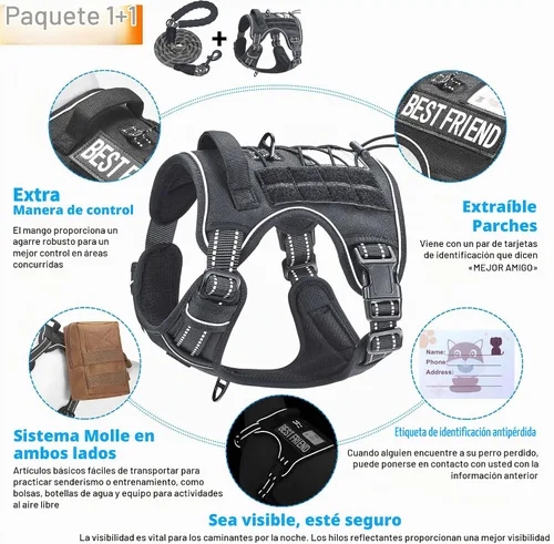 Vista 4 de Beebiepet Arnés táctico resistente para perros pequeños, arnés ajustable sin tirones para mascotas, arnés reflectante de servicio de entrenamiento