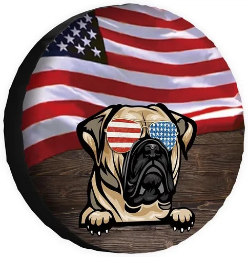 Vista 24 de Cubierta de neumático de repuesto para perro, Basset Hound con gafas de sol, con bandera de Estados Unidos, fundas protectoras de ruedas a prueba