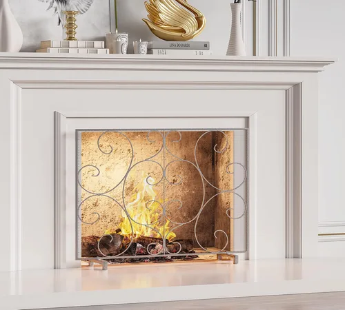 Vista 7 de Kingson Pantalla decorativa para chimenea de panel único independiente, cubierta artesanal de malla metálica duradera, protector contra chispas