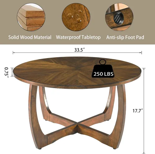 Vista 2 de Mesa auxiliar redonda para sala de estar, mesas de cóctel de madera maciza con parte superior empalmada, mesa central tradicional de madera