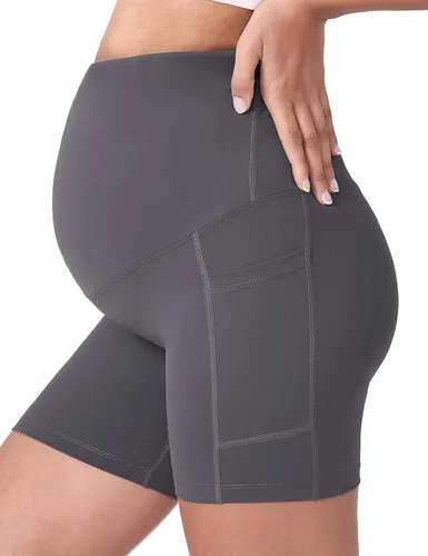 Vista 6 de POSHDIVAH - Pantalones cortos de yoga para embarazadas, cubren la barriga, pantalones deportivos cortos para correr, hacer ejercicio y el verano