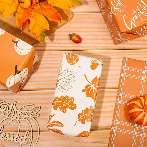 Vista 5 de Whaline 12 hojas de papel de regalo de otoño, hojas de otoño, calabaza, cuadros, papel de regalo de 4 estilos, color naranja y blanco, papel