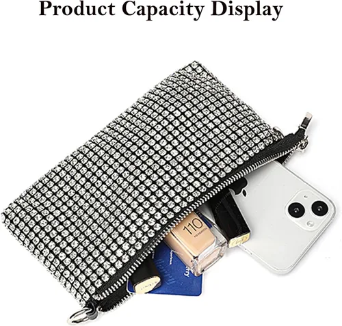 Vista 3 de Silver Clutch Women Rhinestone Evening Bag Wedding Crystal Bride Engagement Purse Fold Over Chain Crossbody Shoulder Bag