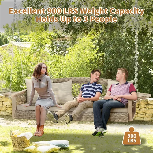 Vista 2 de HOMREST Columpio de mimbre para porche para 3 personas con portavasos mejorado, silla colgante de 56 pulgadas con cojines, columpio al aire libre