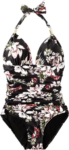Vista 73 de RXRXCOCO - Traje de baño fruncido de una pieza, con cuello en V, para mujer, con control de abdomen y cuello halter