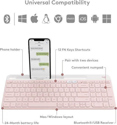 Vista 6 de Logitech K585 Teclado inalámbrico delgado multidispositivo, soporte integrado para dispositivo; para laptop, tableta, escritorio, teléfono