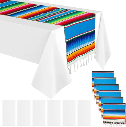 Vista 9 de Mixweer Juego de camino de mesa y mantel mexicano de algodón, mantel desechable de plástico con serape mexicano, mantel rectangular de plástico