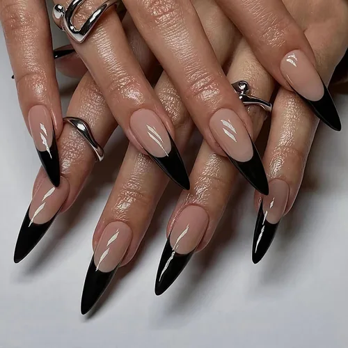 Vista 18 de MISUD Uñas a presión largas tipo Stiletto con pegamento de Rojo Gótico y Negro, diseño gótico cruzado acrílico, 24 piezas 02301Negro y Rojo