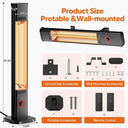 Vista 4 de Calentador de exterior para patio de 1500 W, temporizador de 8 horas, impermeable, calentador eléctrico infrarrojo para patio, calefacción de 8