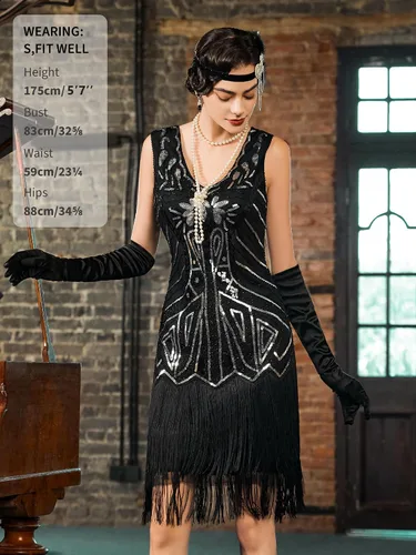Vista 2 de SWEETV Vestido de lentejuelas para mujer, vestido con flecos de Gatsby de los años 20 con accesorios de los años 20 para formalfiestabaileclub