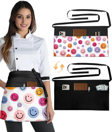 Vista 10 de Slohif Delantal Reversible de Servidor con 6 Bolsillos - Delantal de Cintura para Camarera Mujeres Delantal Corto de Media Porción Camarero