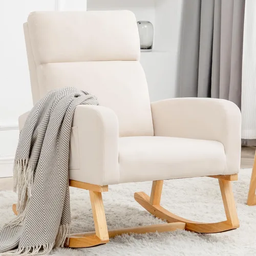 Vista 11 de Mecedora para guardería, sillas de acento modernas tapizadas de lino para enfermería, sillón acolchado para sala de estar interior, dormitorio, beige