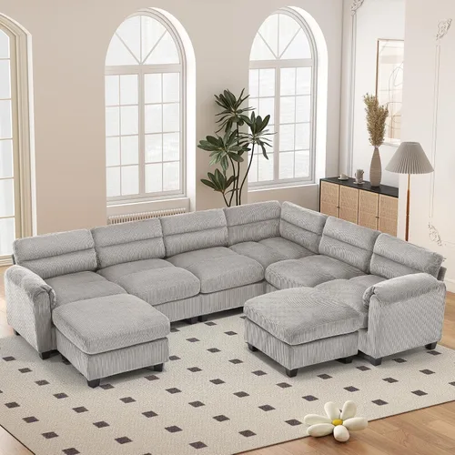 Vista 23 de HAOMARKETS Sofá esquinero modular en forma de L de 115 pulgadas con 2 otomanas móviles, sofás de pana de 8 plazas con cojín grueso para sala de Beige