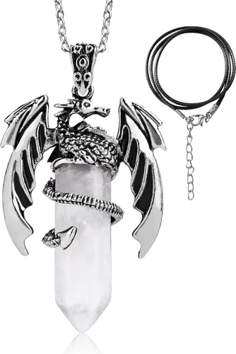 Vista 15 de Collar de dragón – Colgante hexagonal de plata envuelto en cristal con cristal natural – Joyería genial para hombres y mujeres