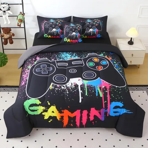 Vista 12 de JQinHome - Juego de edredón Gamer individual para niños y niñas, juego de cama en una bolsa de 6 piezas con diseño de videojuego 3D - Juego de ropa