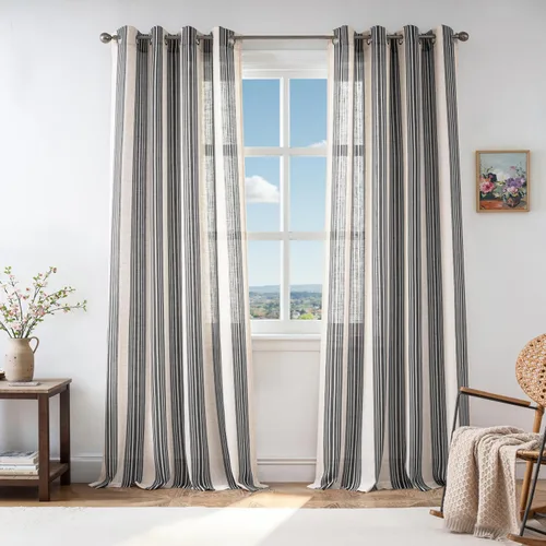 Vista 32 de DriftAway Cortinas de estilo granja con rayas verticales de lino mezclado texturizado con filtro de luz semitransparente para sala de estar