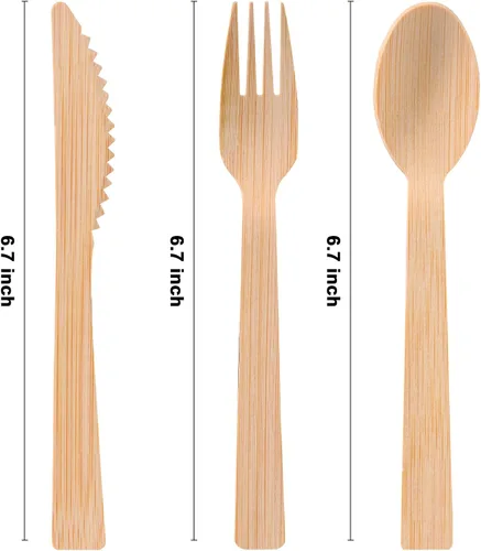 Vista 7 de Juego de servilletas y cubiertos de bambú preenrollados, paquete de 100 utensilios de bambú/cubiertos compostables