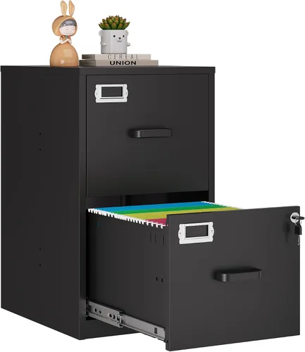 Vista 9 de Archivador móvil con cerradura, 2 cajones, pequeño gabinete rodante para oficina en casa, legal/carta/A4 (negro)