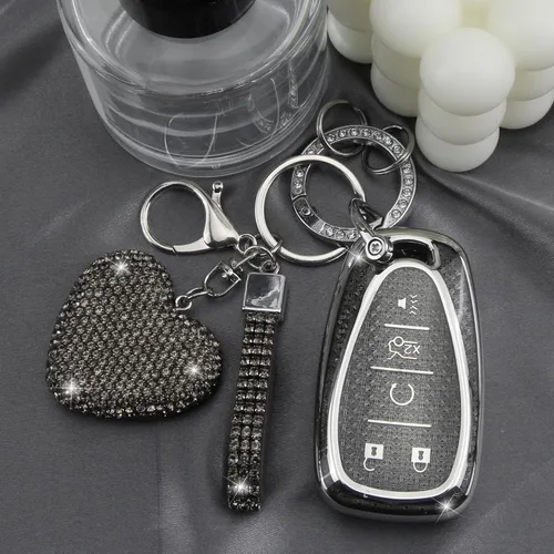 Vista 4 de Funda para Llavero con Llavero de Diamante para Mujeres Portallaves de Coche Compatible con Chevrolet Equinox Malibu Cruze Traverse Camaro Trax