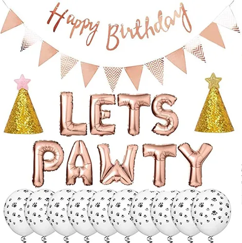 Vista 6 de Suministros para fiesta de cumpleaños de perro y gato, globos con estampado de patas, globos de lentejuelas, pancarta de feliz cumpleaños Azul