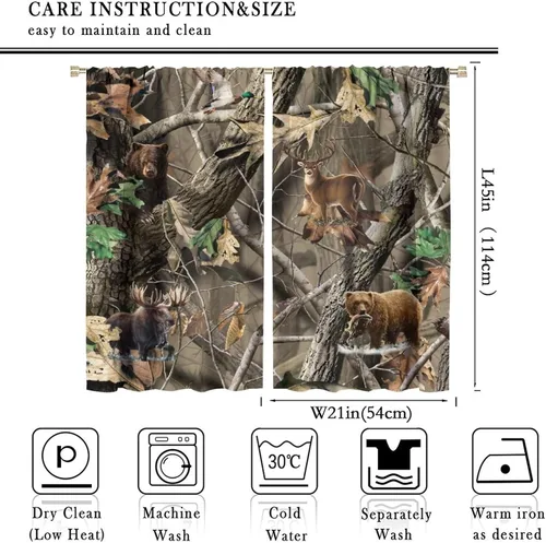 Vista 2 de Cortinas opacas de camuflaje de bosque, animales salvajes, osos, ciervos, alces, con bolsillo para barra, para sala de estar, dormitorio, decoración
