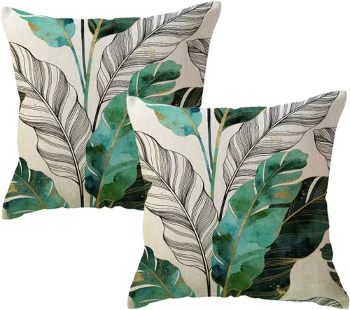 Vista 7 de Juego de 2 fundas de almohada de hojas de Monstera con diseño de hojas de palmera tropical, con temática botánica, fundas de almohada decorativas