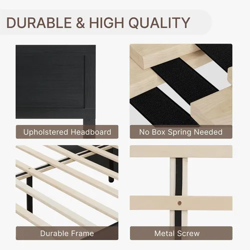 Vista 4 de KISLOT - Marco de cama de madera tamaño matrimonial con cabecera y estribo, base de colchón de plataforma de madera, muebles de dormitorio