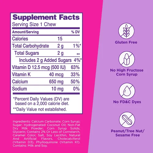 Vista 3 de Viactiv Suplemento de calcio + vitamina D3 masticables suaves, caramelo, 60 masticables - Suplemento dietético de calcio y Vitafusion Vitamina D3
