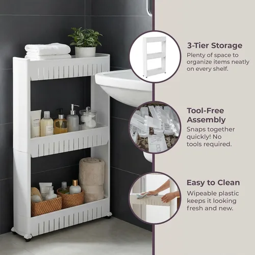 Vista 4 de Lavish Home Carrito con ruedas de 3 niveles, carrito organizador de estantes de cocina o baño de espacio estrecho, estantes de almacenamiento