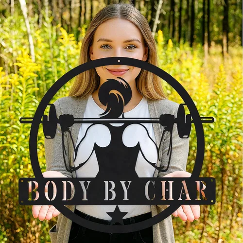 Vista 4 de Cartel de metal personalizado para gimnasio con nombre, arte de pared para sala de entrenamiento en casa, garaje, espacio de fitness, decoración