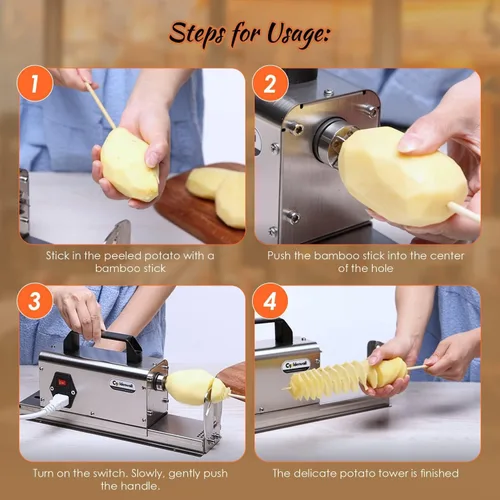 Vista 4 de Cortadora de patatas comerciales, cortador eléctrico en espiral para papas Tornado y papas fritas, máquina de corte de verduras de acero inoxidable