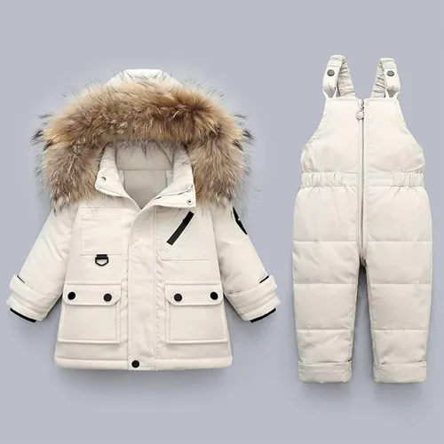 Vista 2 de 2 Piece Skisuit Set Baby Boys Girls Snowsuit Infant Winter Clothes Jumpsuit Faux-fur Hooded Puffer Jacket Warm Coat 1-4Y