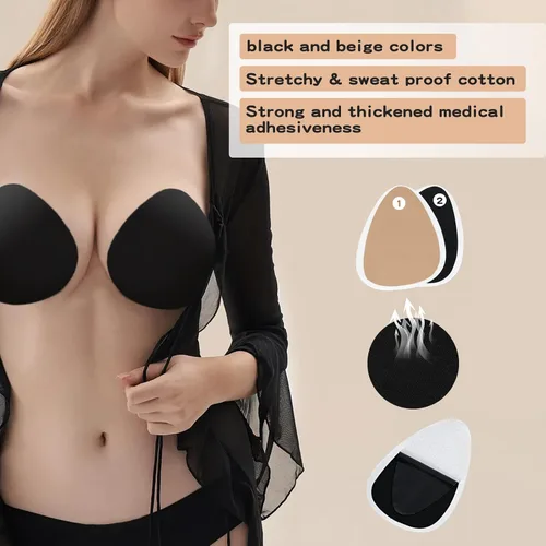 Vista 4 de Cinta adhesiva para sujetador, cinta adhesiva para pechos, 3 pares de cintas adhesivas para senos grandes A-G con empanadas para pezones Beige