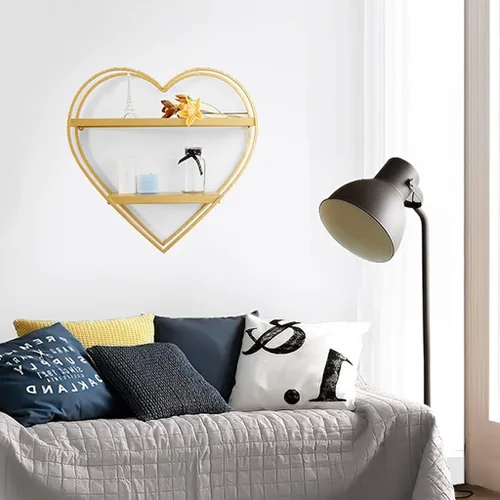 Vista 2 de Estantes de pared flotantes en forma de corazón de metal de 2 niveles para dormitorio (oro, 19.7 x 5.9 x 20.1 in)