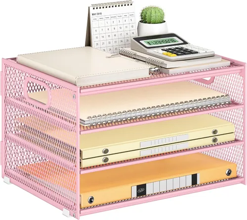 Vista 15 de SUBEKYU 2 paquetes de organizador de bandejas de cartas de 3 niveles para escritorio, organizador clasificador de archivos de malla metálica negra