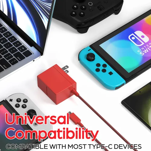 Vista 5 de Neptune Cargador para juegos de alta calidad, color rojo, compatible con Nintendo SwitchSwitch LiteSwitch OLED, Android, compatible con Nintendo