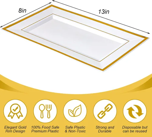Vista 2 de Uiifan 30 bandejas de plástico para servir a granel, borde de oro blanco, elegante, rectangular, desechable, mesa de postre de plástico, bandejas